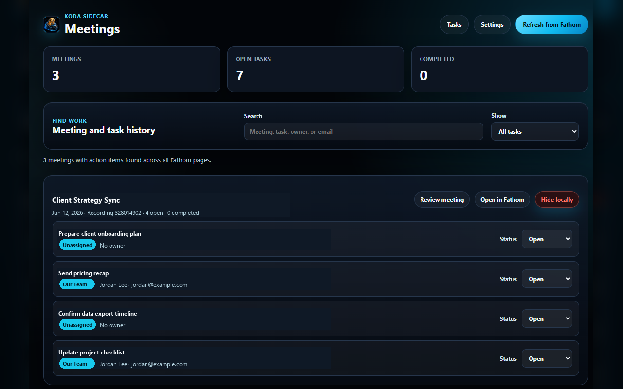Koda Sidecar meetings dashboard with task history