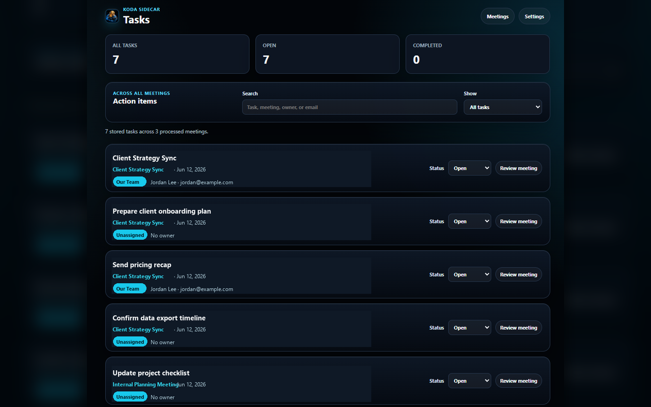 Koda Sidecar task dashboard for reviewed meeting action items