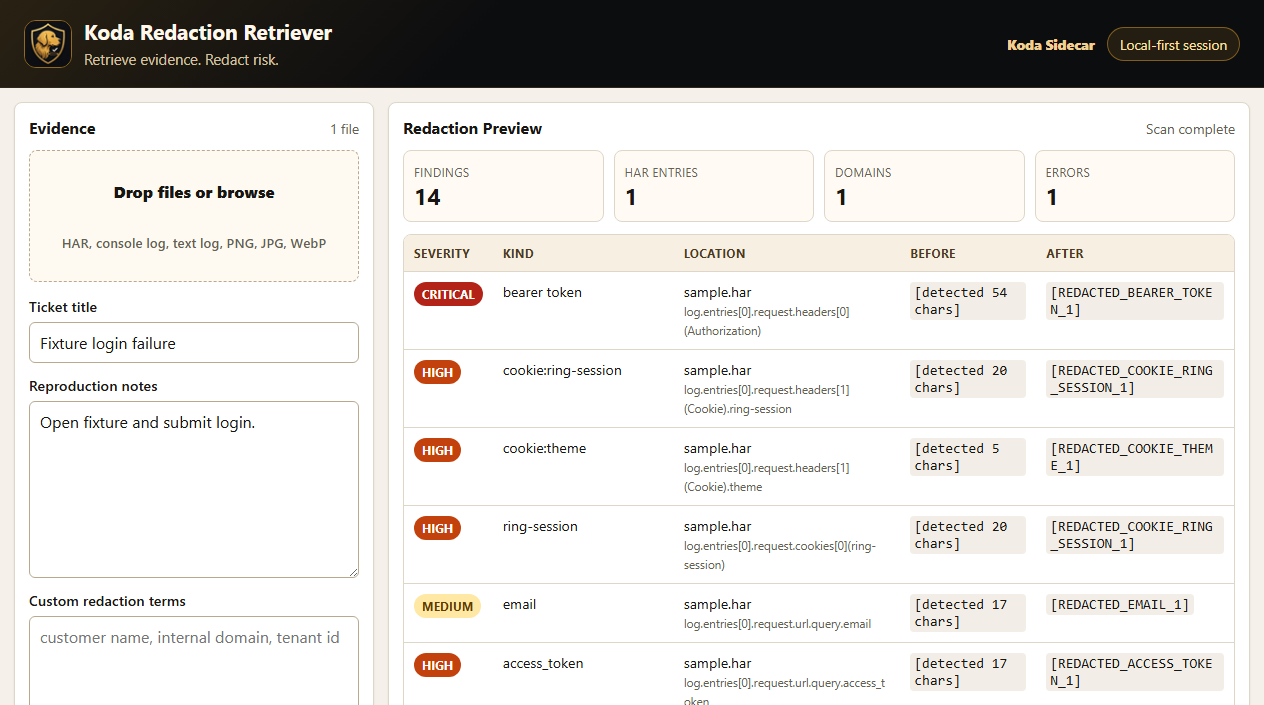 Redaction Retriever HAR redaction preview
