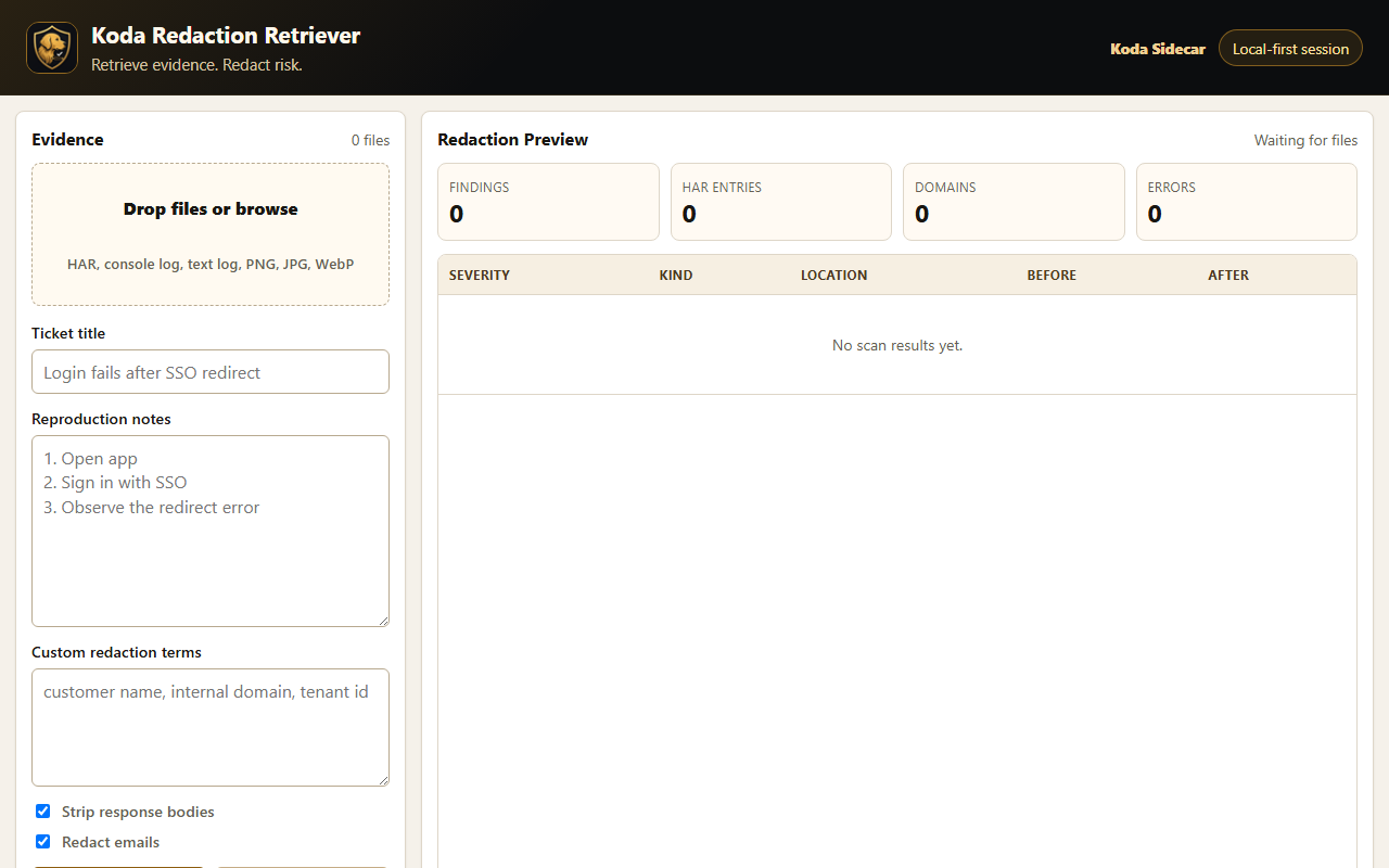Redaction Retriever local workspace for HAR support evidence