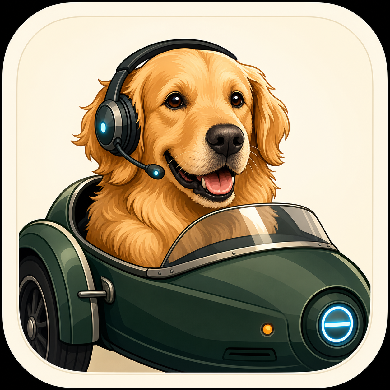 Golden retriever Koda in a green sidecar